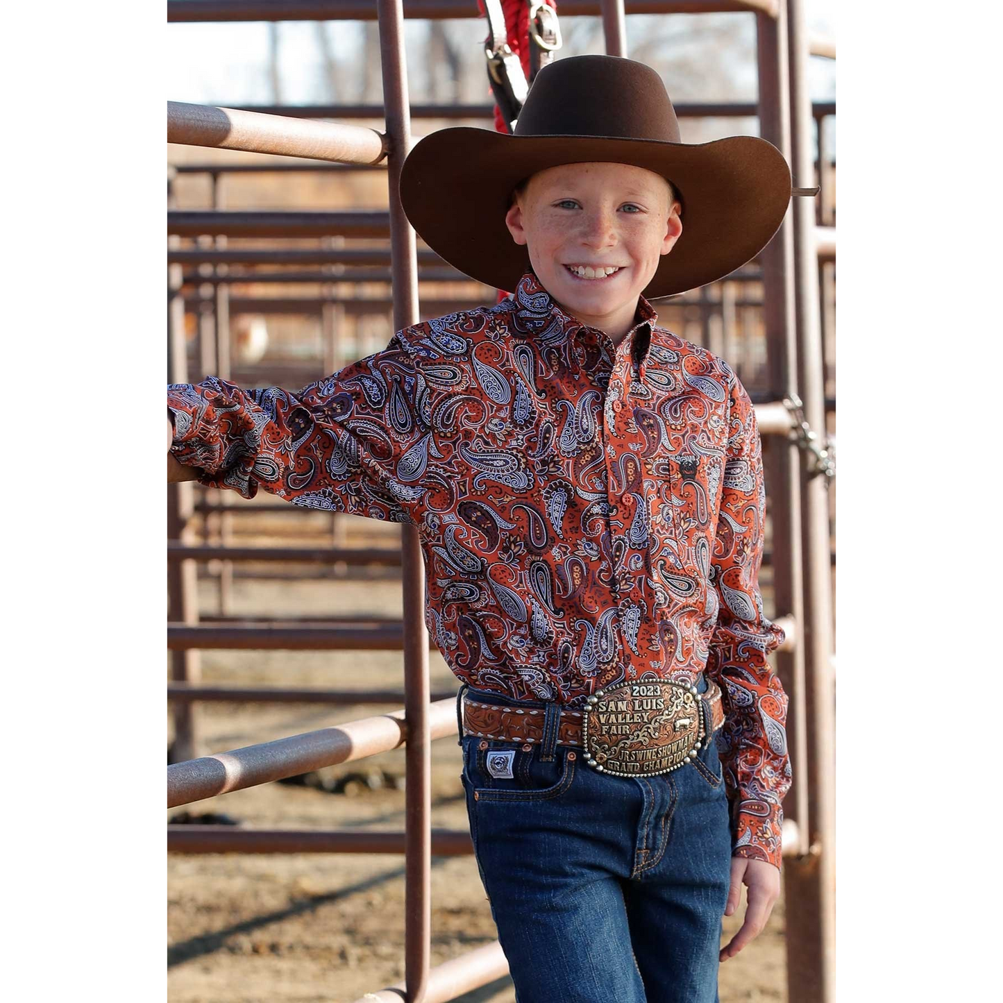 Cinch Boy's Paisley Print Long Sleeve Button Down Western Shirt - Orange
