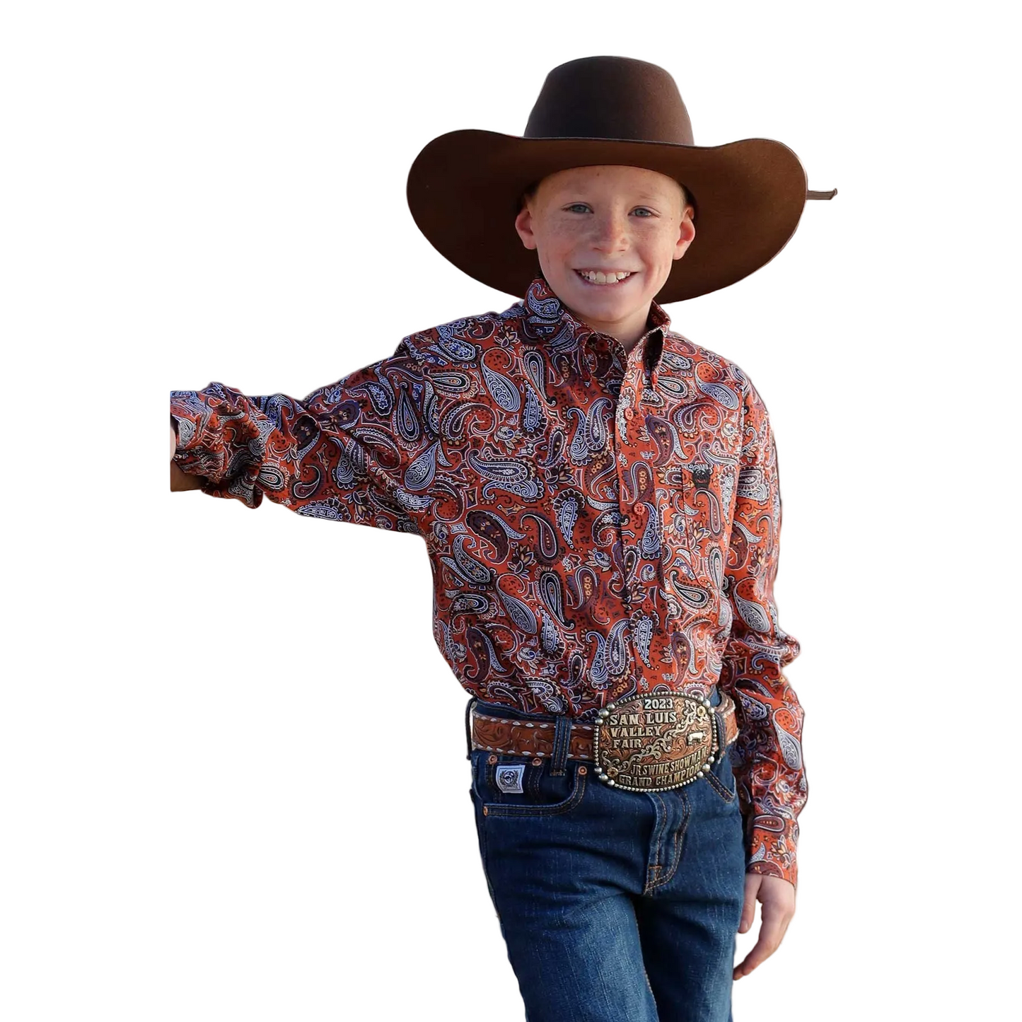 Cinch Boy's Paisley Print Long Sleeve Button Down Western Shirt - Orange