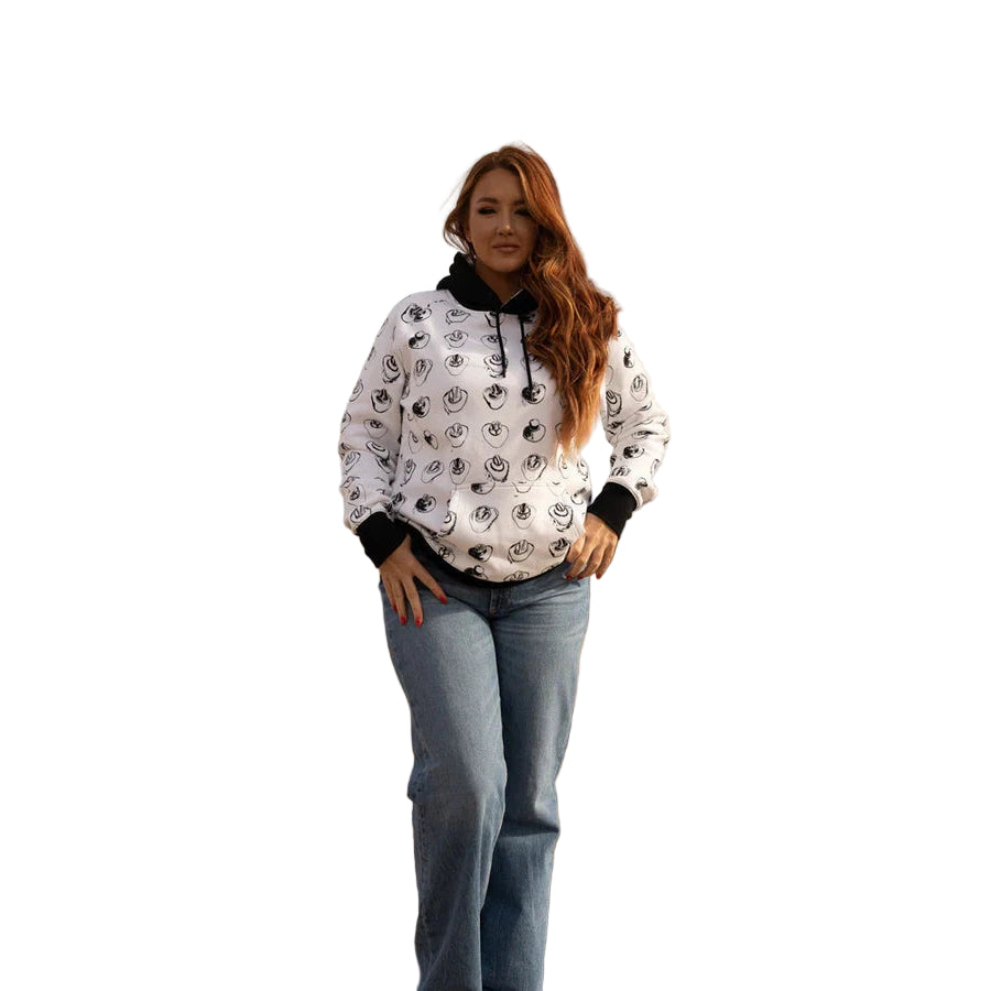Hooey Women's Summit Hoodie - White/Black with Cowboy Hat Pattern