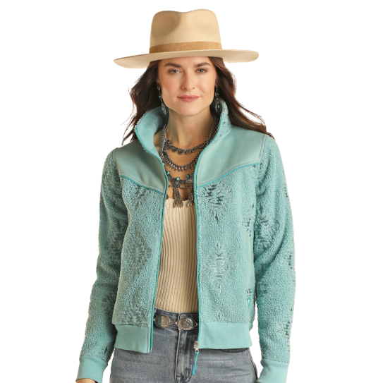 Powder River Women's Embroidered Berber Bomber - Turquoise