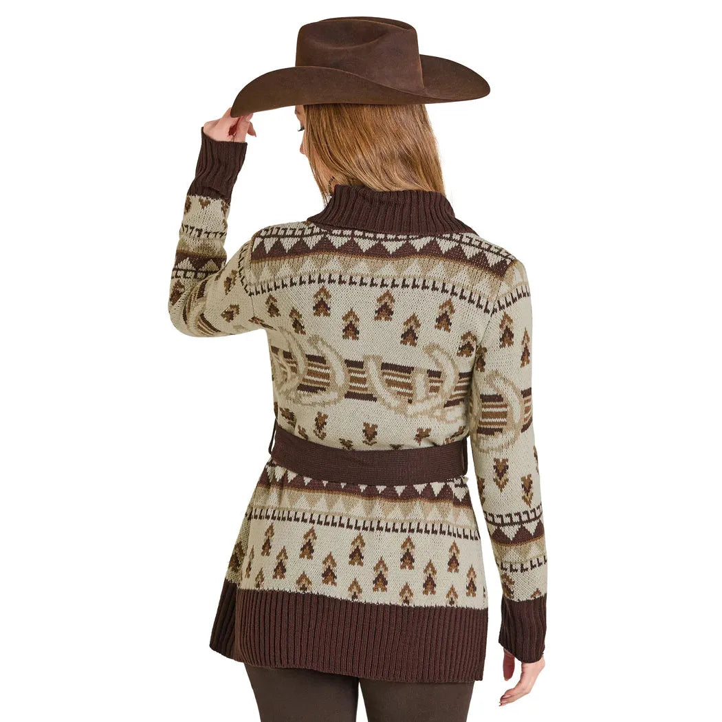 Panhandle Women's Horse Shoe Belted Long Sleeve Cardigan- Brown