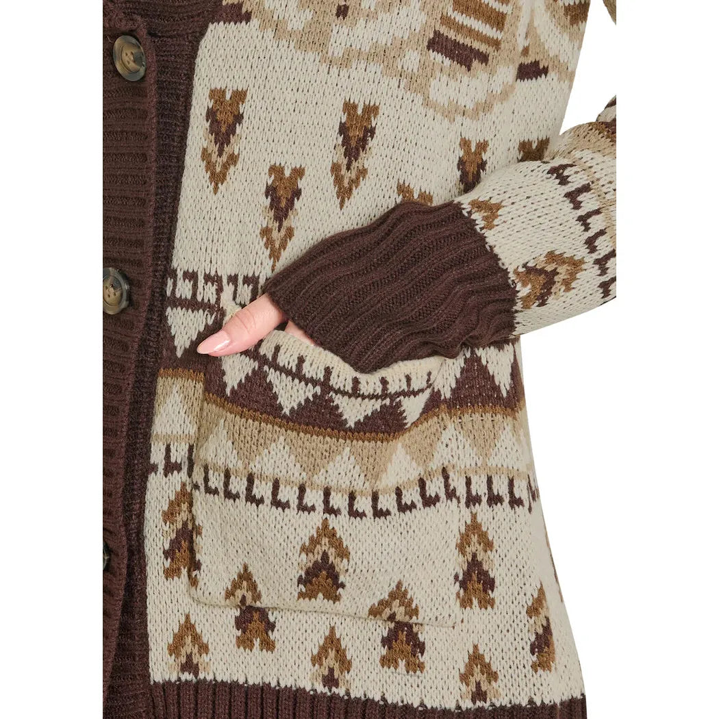 Panhandle Women's Horse Shoe Belted Long Sleeve Cardigan - Brown