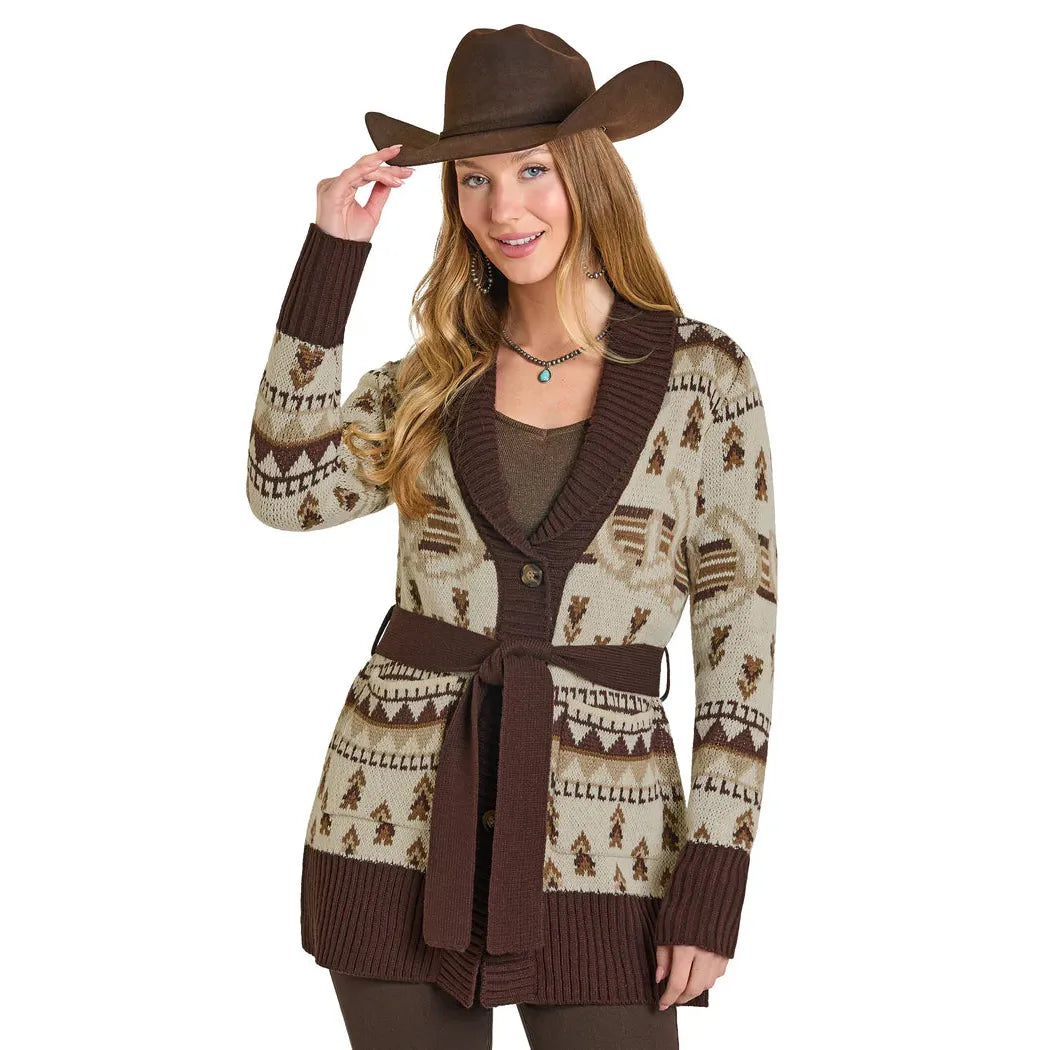 Panhandle Women's Horse Shoe Belted Long Sleeve Cardigan- Brown
