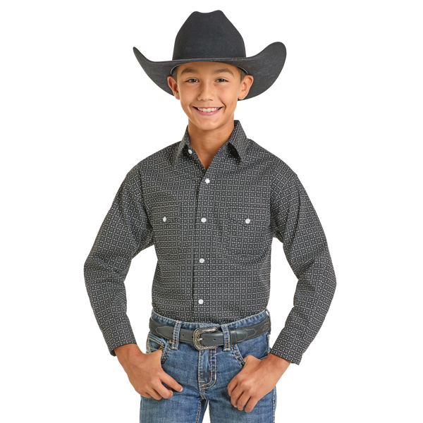 Panhandle Boy's Geo Diamond Long Sleeve Snap Shirt - Black