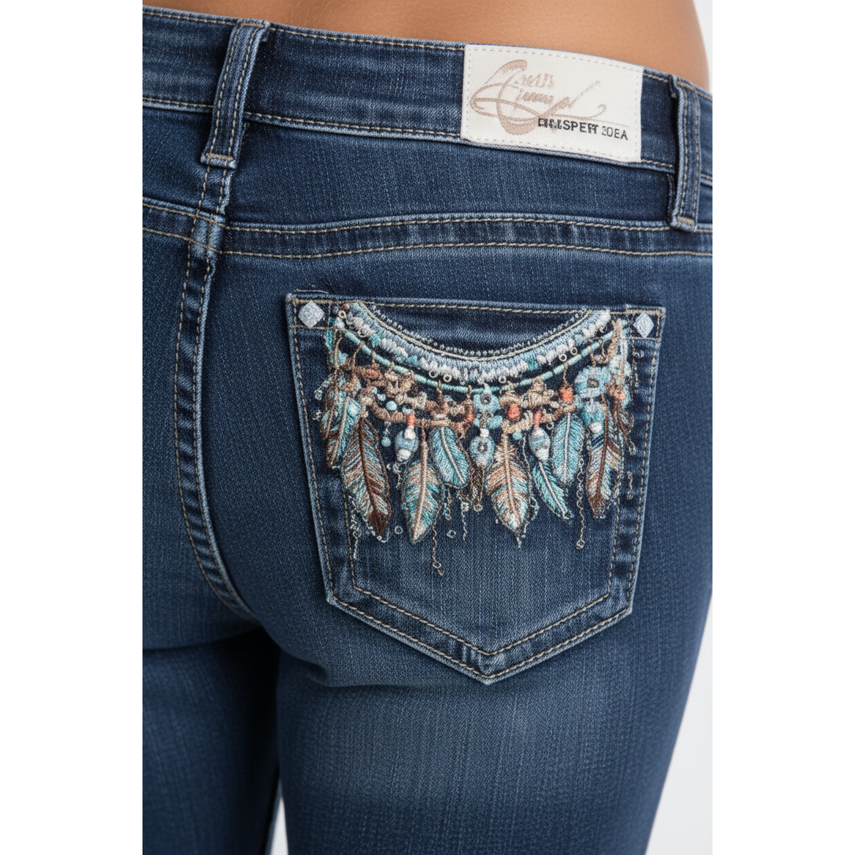 Grace in LA Women's Feather Colourful Embroidered Bootcut Jeans