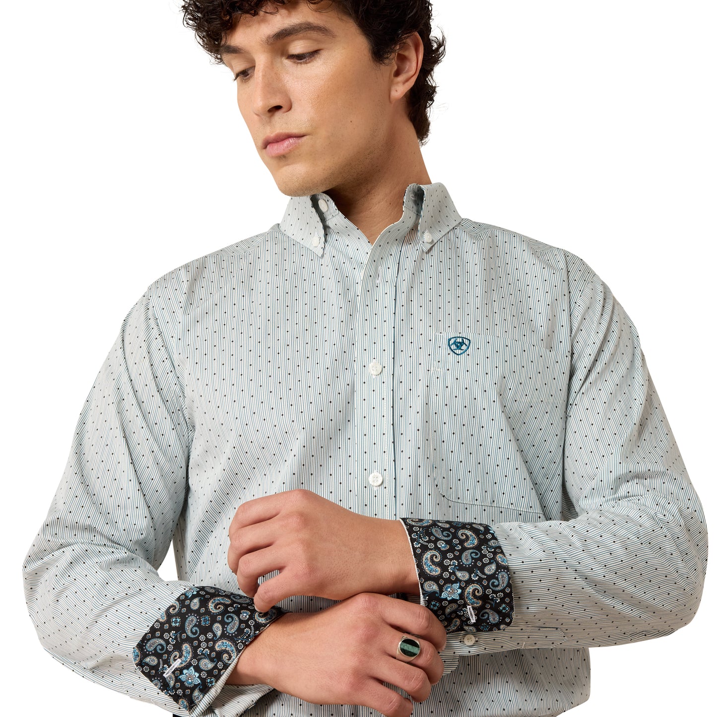 Ariat Men's Wrinkle Free Bryton Fitted Shirt - Off White Multi Dot Print