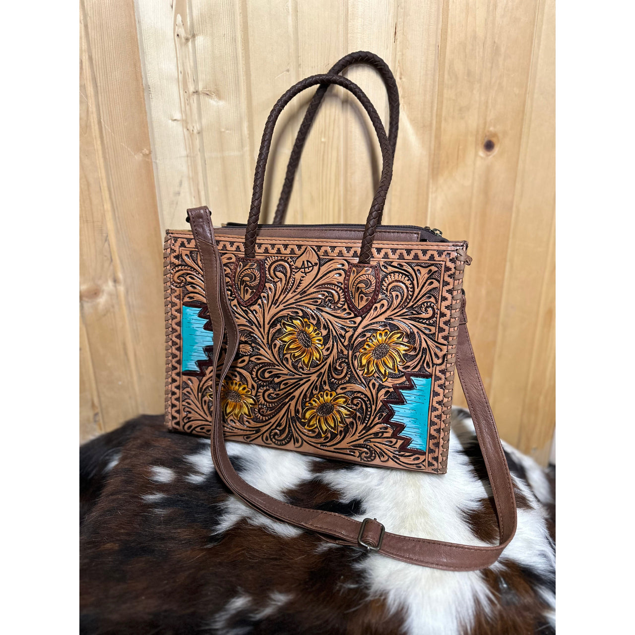 American Darling Floral Tooled Shoulder Bag - Turquoise Aztec w/Sunflowers