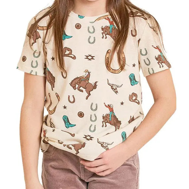 Rock & Roll Girl's Western Conversational Print Short Sleeve Tee - Natural