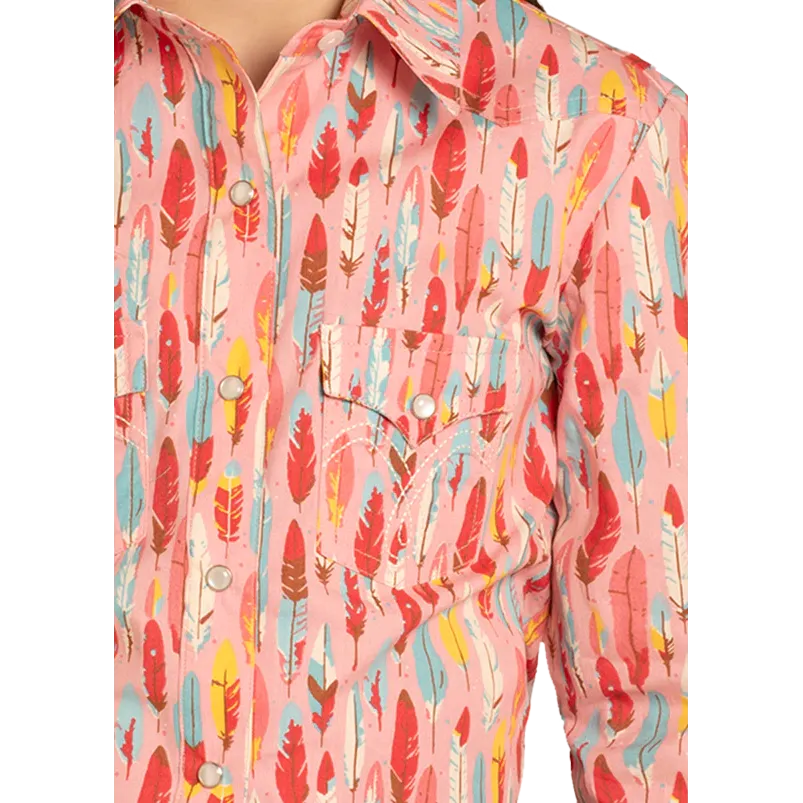 Panhandle Girl's Feather Print Long Sleeve Snap Shirt - Pink