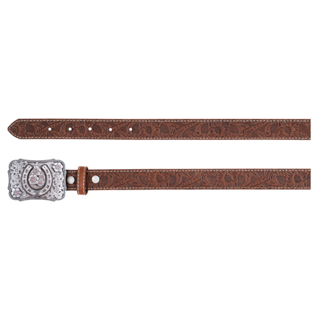 Catchfly Girls Rhinestone Horseshoe Buckle Floral Tooling Belt - Brown