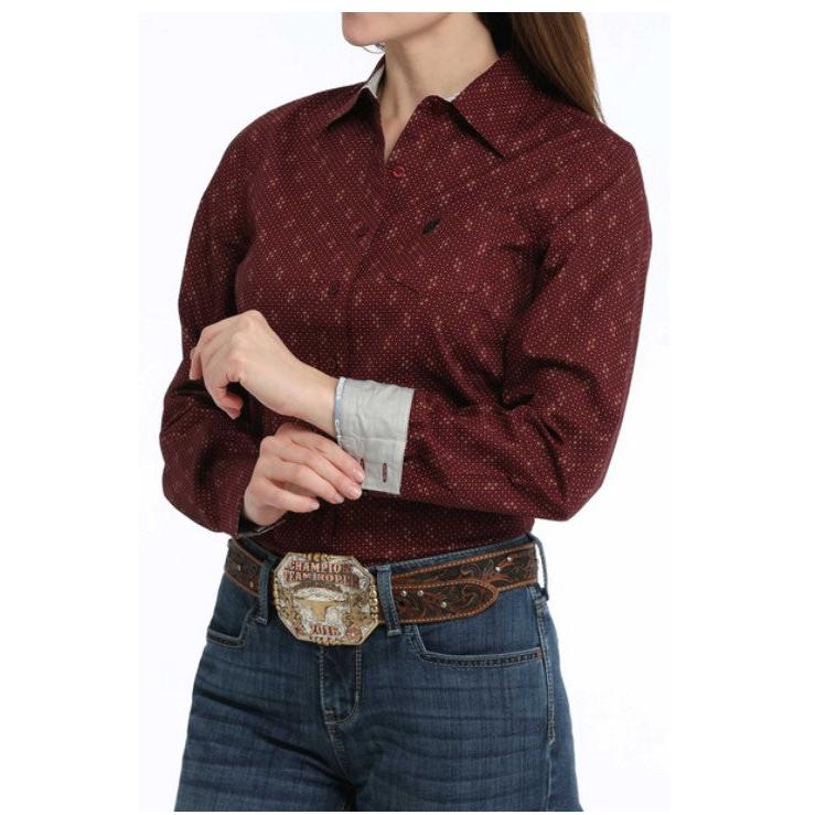 Cinch  Women's Geometric Print Long Sleeve Print Shirt - Burgundy