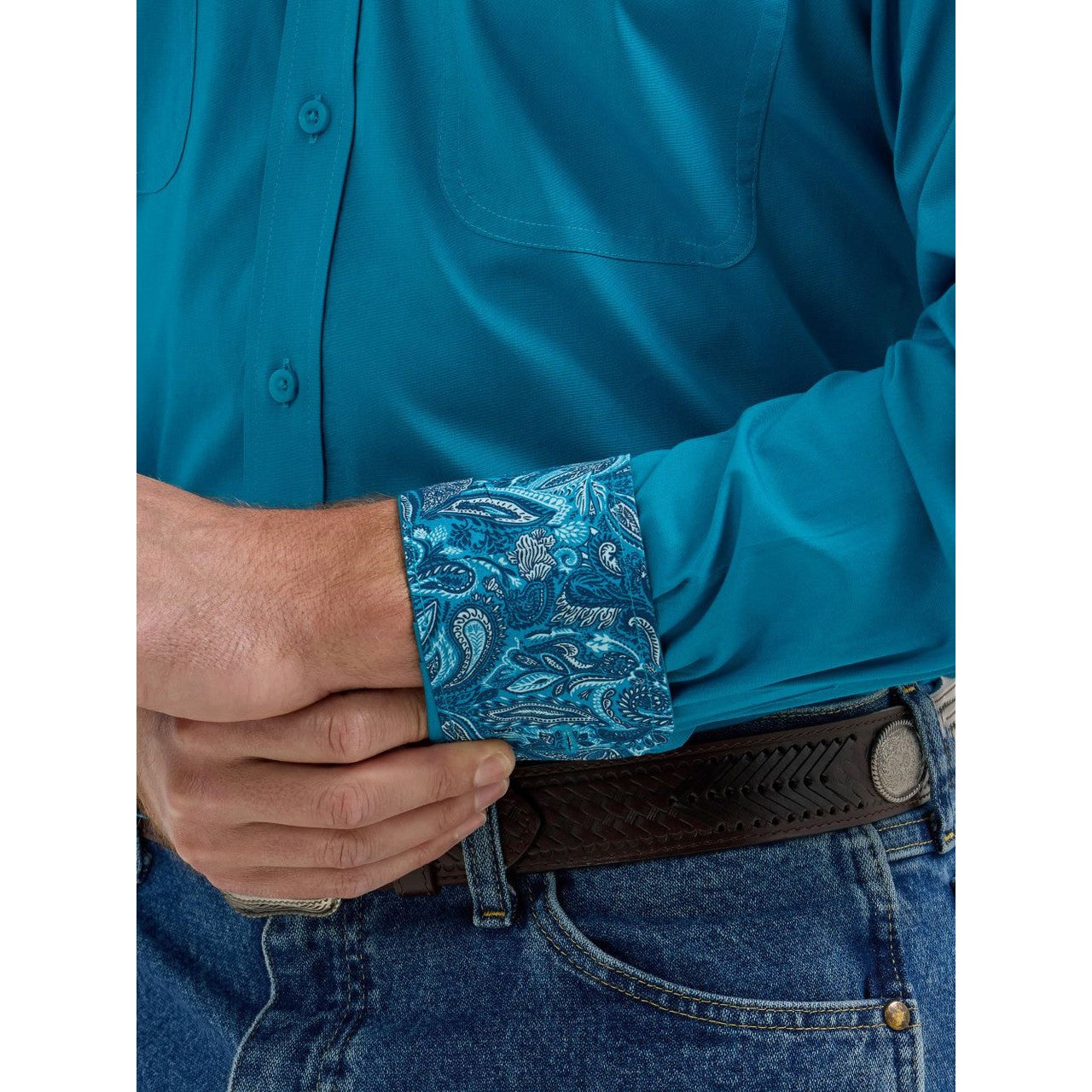 Wrangler Men's George Strait Long Sleeve 2 Pocket Shirt - Solid Teal