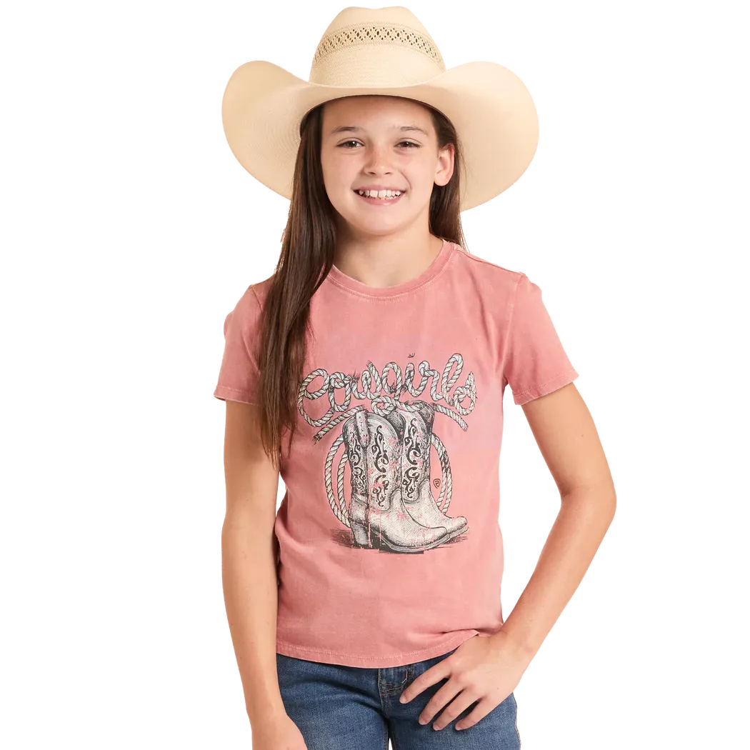 Rock & Roll Girl's Roping Cowgirl Graphic Tee Shirt - Rose/Mauve