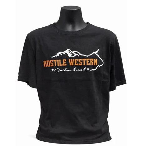 Hostile Western Men's Mountain/Cow Outline w/Outlaw Brand Short Sleeve Tee Shirt - Black