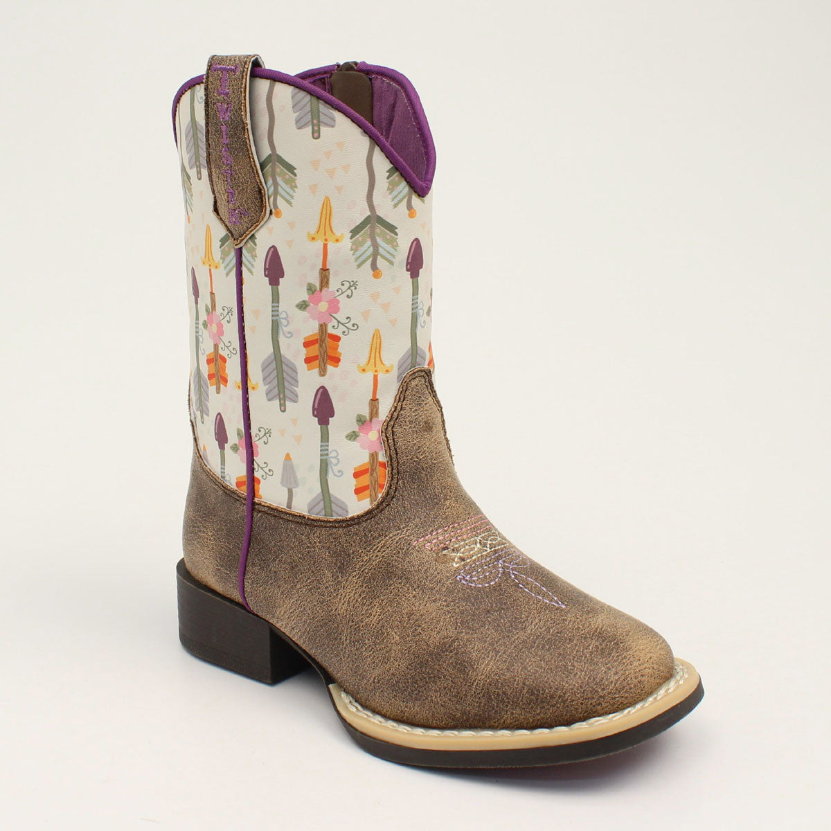 Double Barrel Girl's Hannah Western Boots - Brown w/Arrow/Flower Print