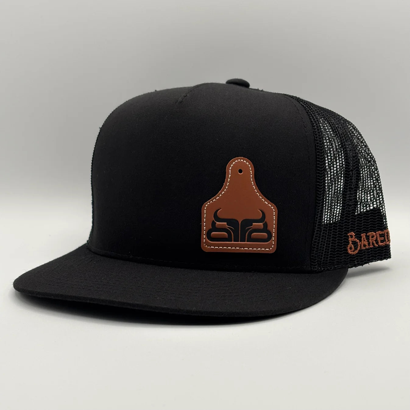 Baredown Ear Tag Leather Patch Flat Cap - Black