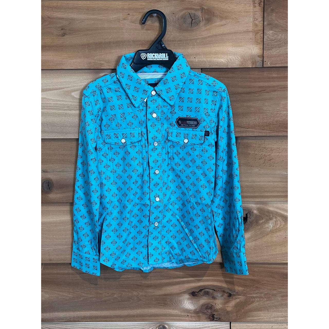 Rock & Roll Boy's Long Sleeve Geo Print Tek Snap Shirt- Teal