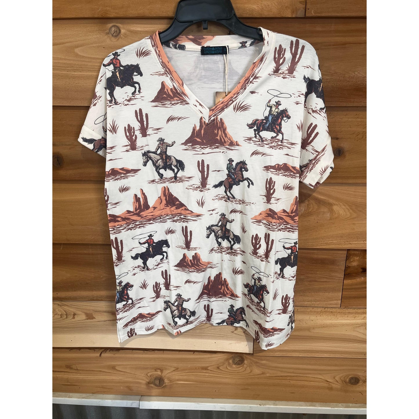 Fashion Express Women's Short Sleeve Western Rodeo Tee Shirt- Beige