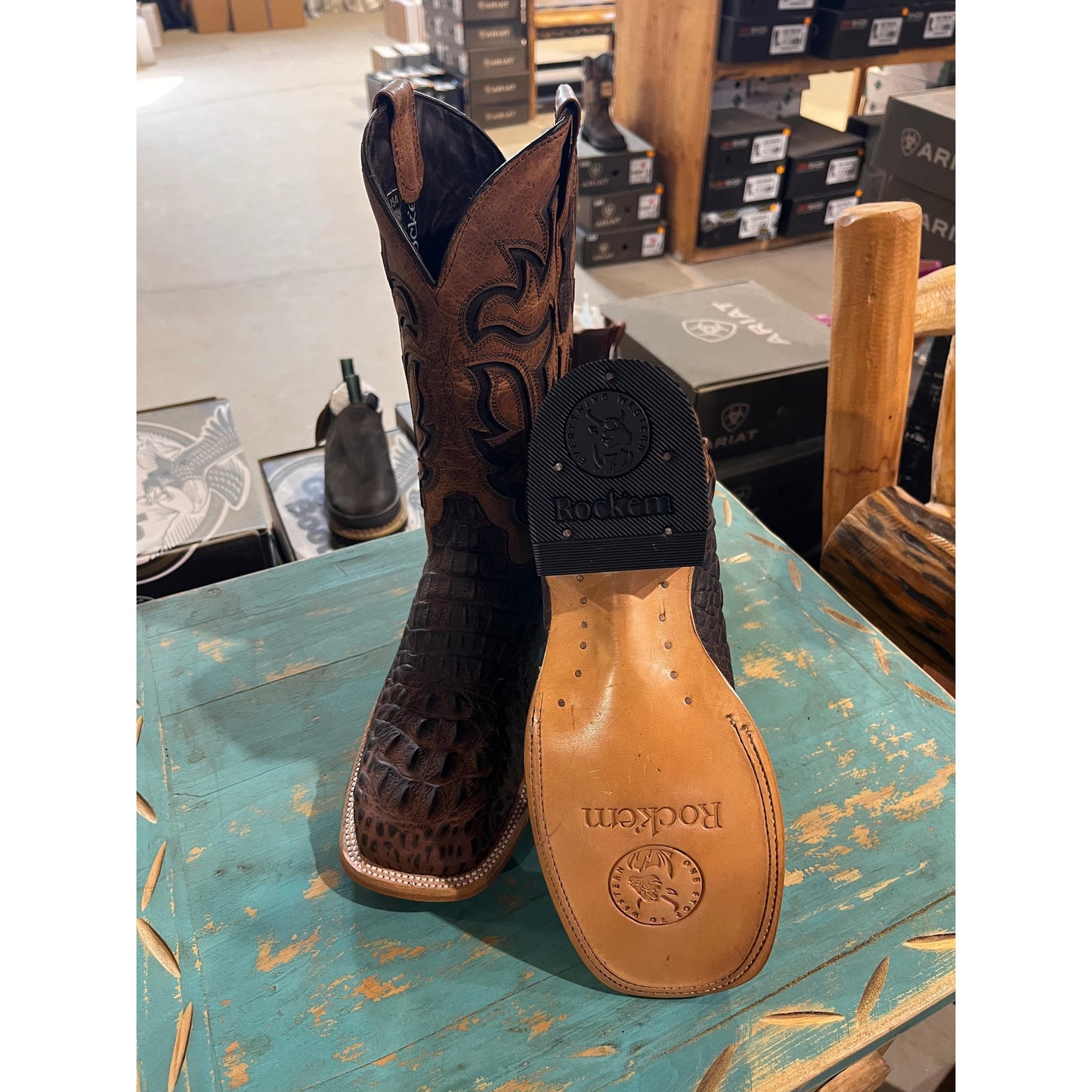 Rock'em Men's Bruce Caiman Hornback Square Toe Cowboy Boot - Matte Brown