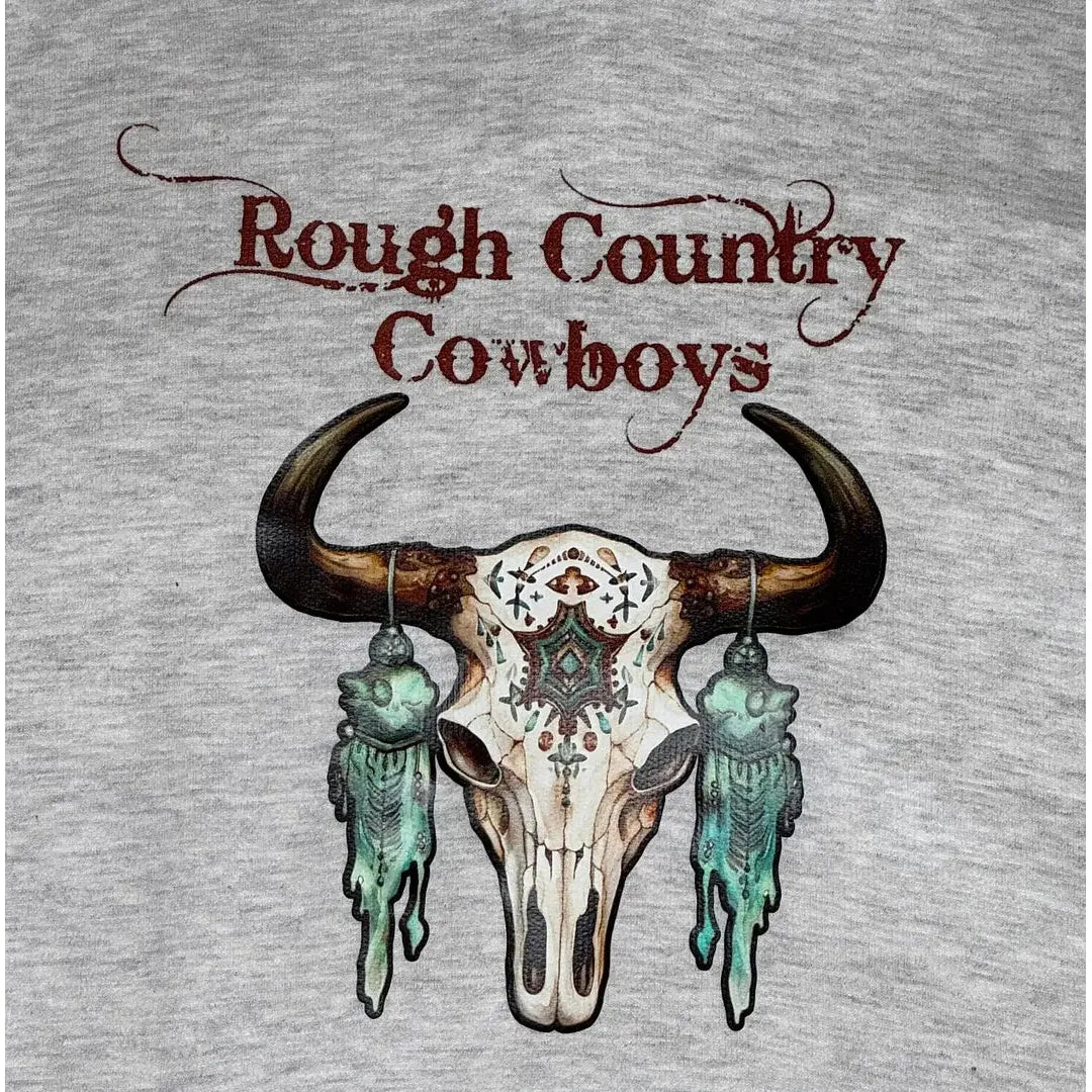Rough Country Cowboys Unisex Long Sleeve Cow skull Hoodie- Grey