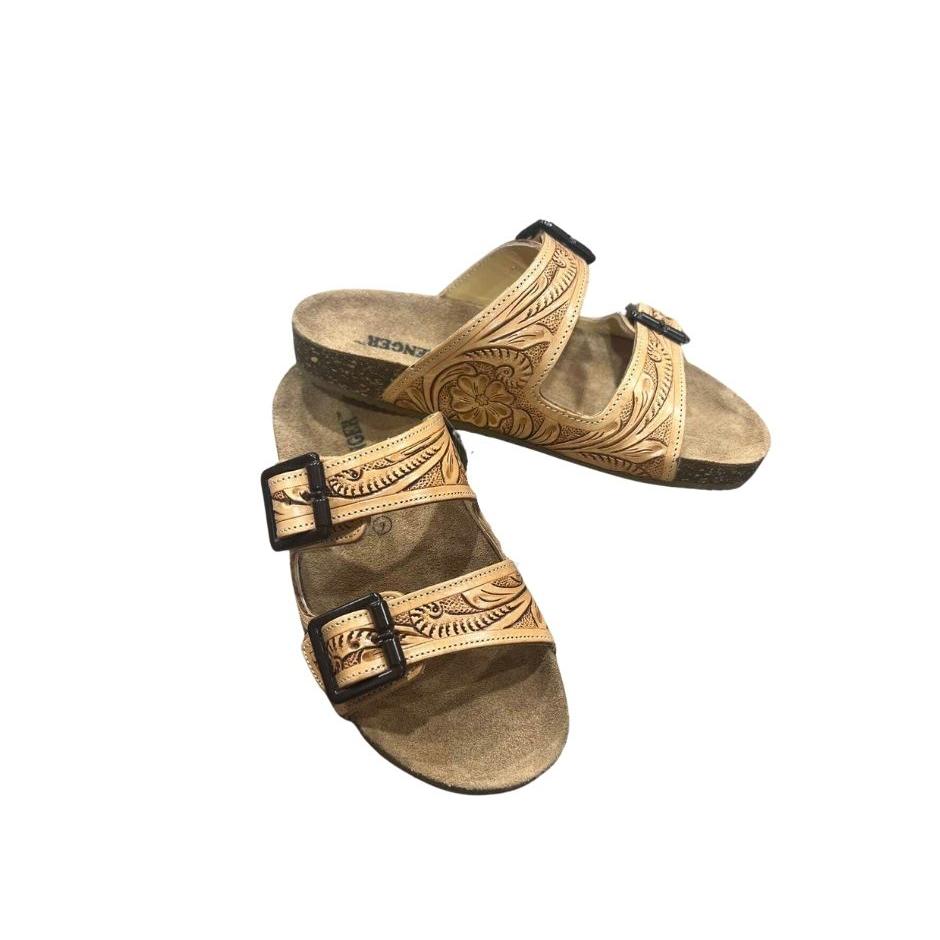 Western Women's Double Strap Tooled Leather Sandals