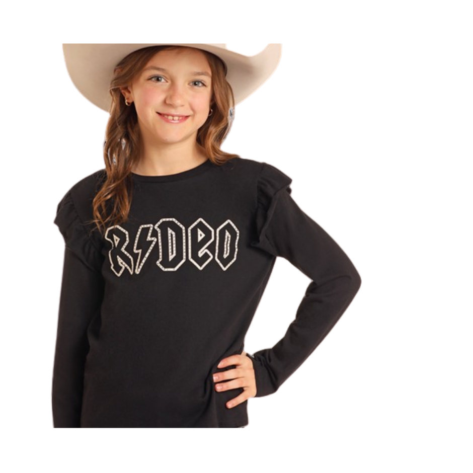 Rock & Roll Girl's Long Sleeve Graphic Shirt with Ruffles - Black