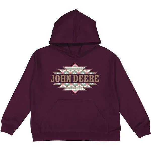 John Deere Kid's Aztec Badge Hoodie - Burgundy