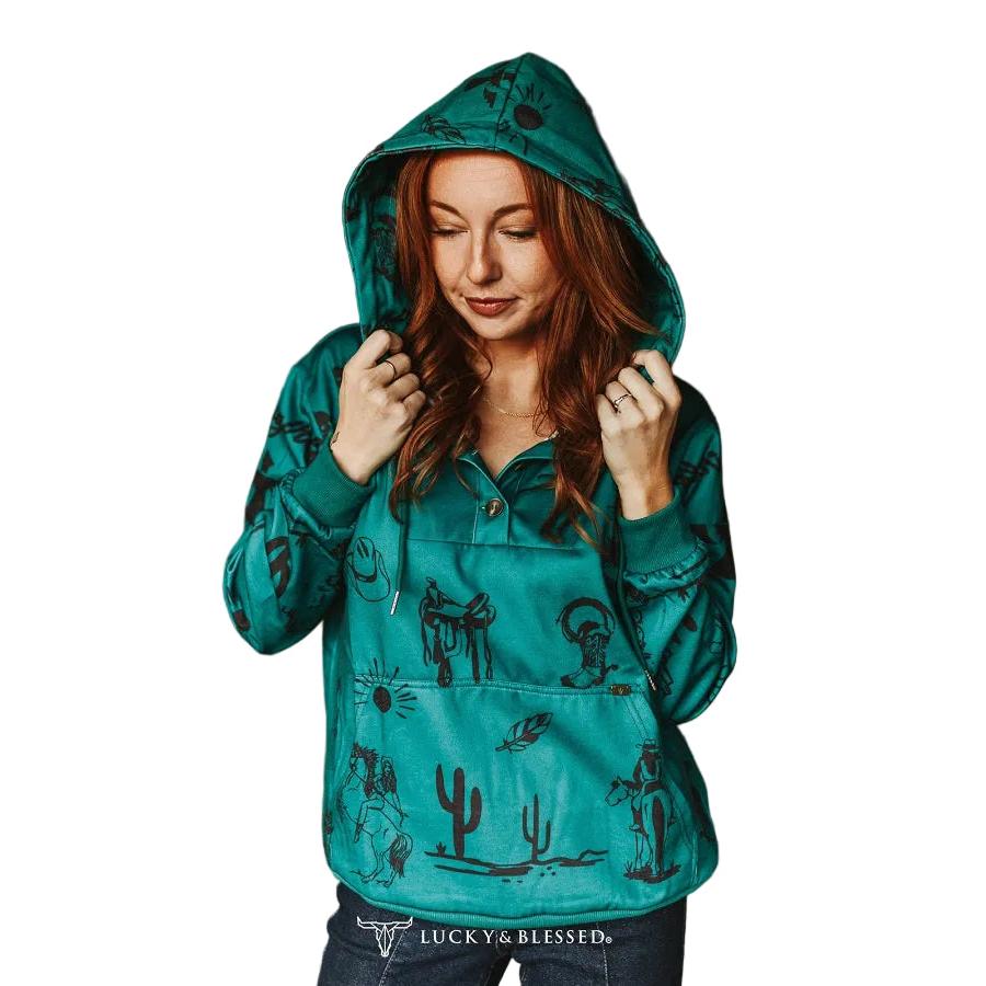 Lucky & Blessed Women's Printed Western Desert Sweatshirt Hoodie - Jade