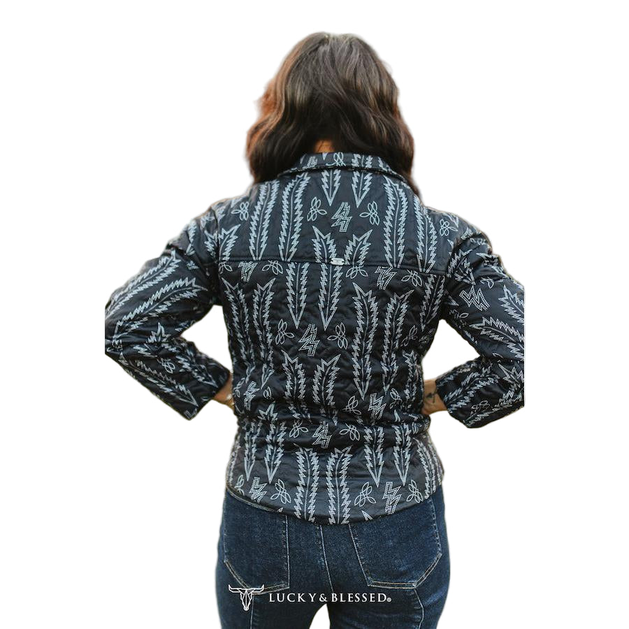 Lucky & Blessed Women's Bootstitch Printed Quilted Jacket- Black