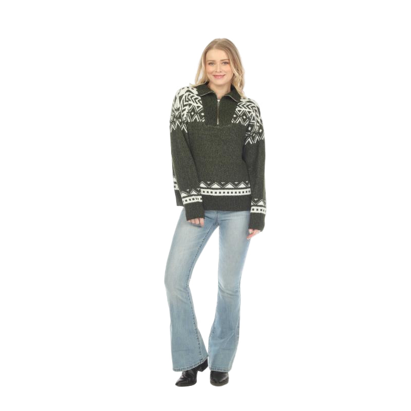 Rising Women's Long Sleeve Snowflake Aztec 1/4 Zip Pullover- Army Green