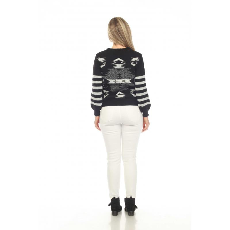 Rising Women's Long Sleeve Aztec Stripe Sweater- Black/White