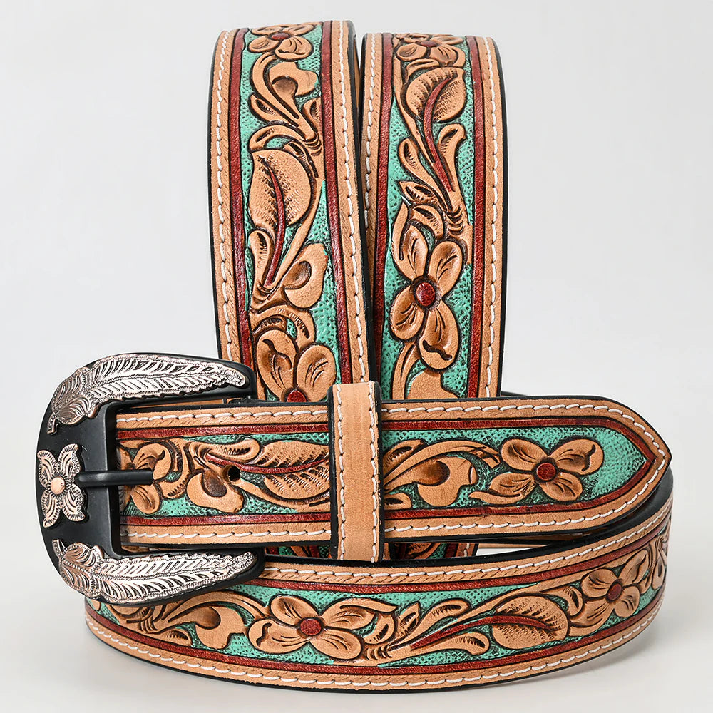 American Darling Leather Floral Tooled with Decorative Silver Buckle Belt - Mint Green