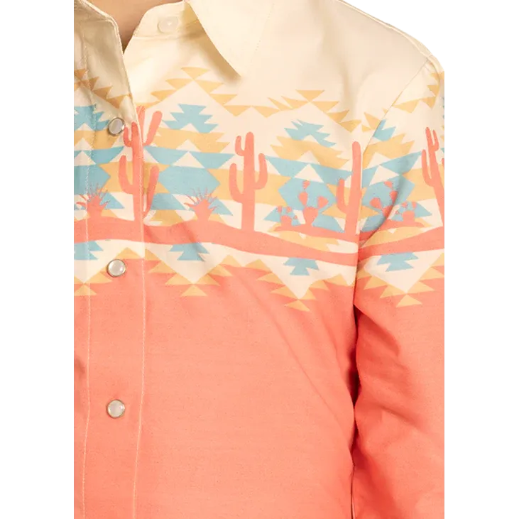 Panhandle Girl's Border Long Sleeve Snap Shirt- Orange