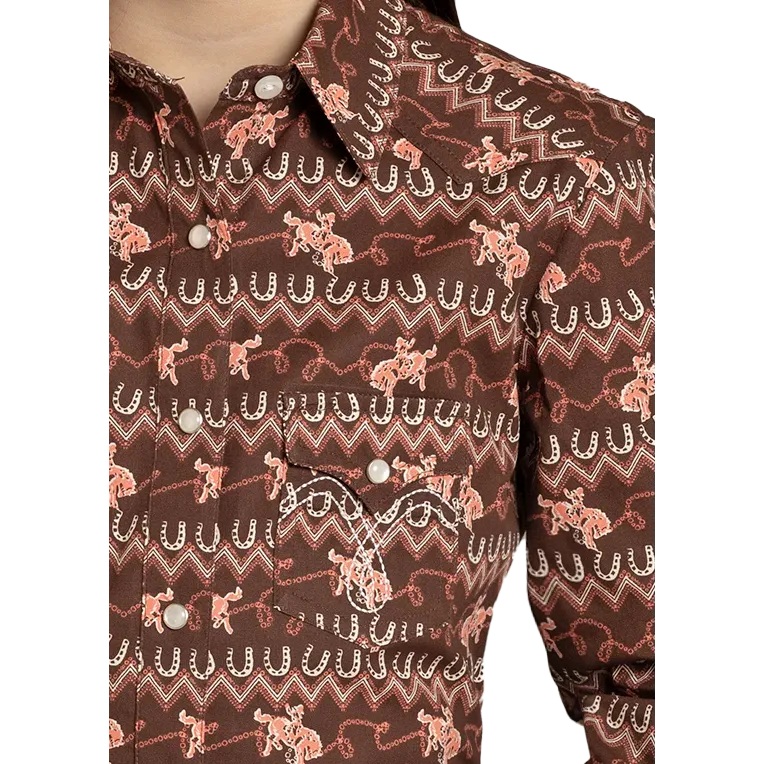 Panhandle Girl's Horseshoe Long Sleeve Snap Shirt- Brown