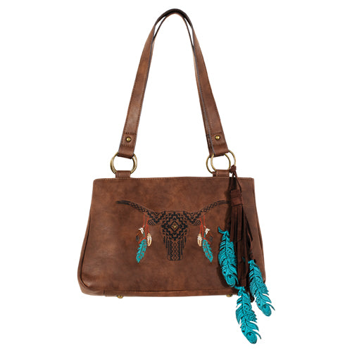 Catchfly Women's Satchel w/Southwestern Steer Skull & Feathers - Brown