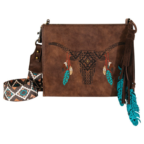 Catchfly Women's Small Crossbody w/Southwestern Steer Skull & Feathers - Brown