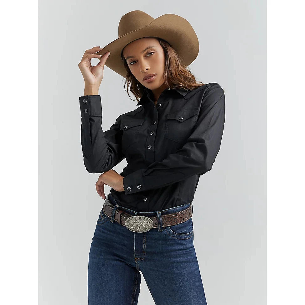Wrangler Women's Long Sleeve One Point Front & Back Yokes Solid Shirt - Black
