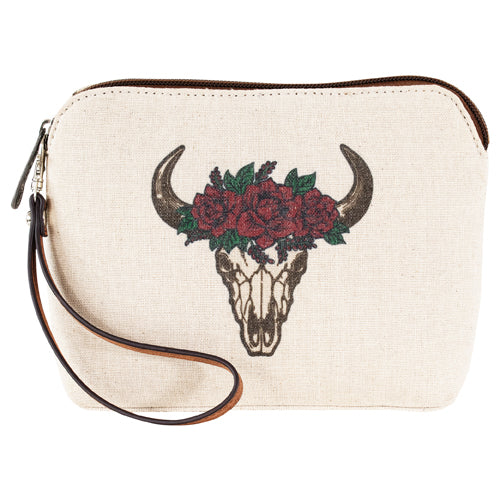 Justin Ladies Cosmetic Pouch Canvas Steer Skull & Flower Crown - Multiple Colours