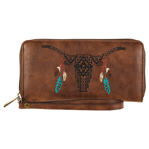 Catchfly Women's Wristlet Wallet w/Southwestern Steer Skull & Feathers - Brown