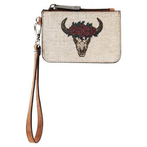 Justin Ladies Mini Card Wallet Canvas Steer Skull & Flower Crown - Multiple Colours