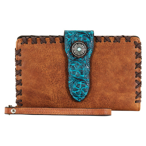 Catchfly Women's Slim Wallet - Tan w/Turquoise Floral Emboss & Concho