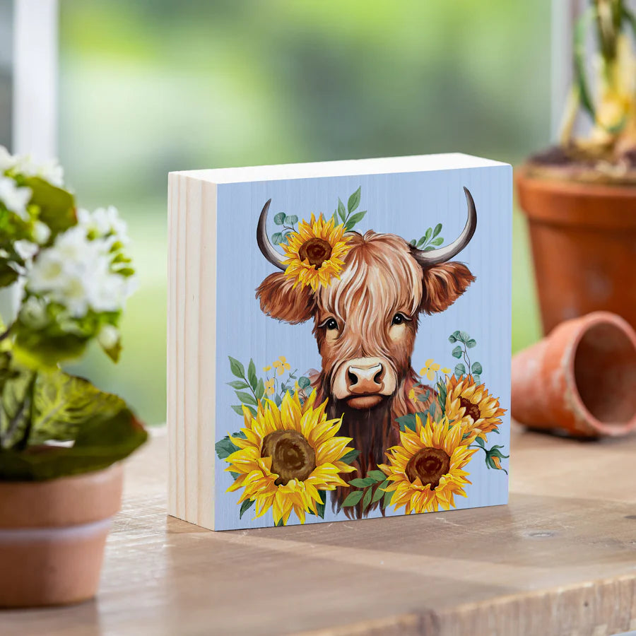 Evergreen Harvest Blossom Highland Cow and Sunflower Wooden Block-6 x 6