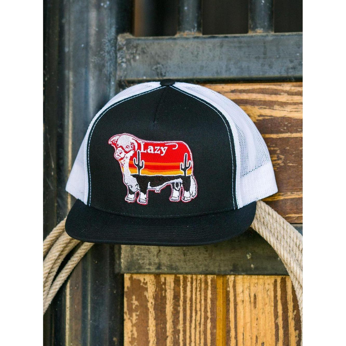 Lazy J Ranch Black & White Sunrise Bull Classic Five Panel Trucker Hat
