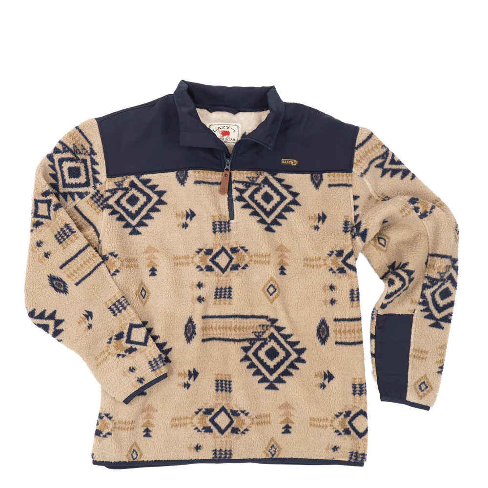 Lazy J Men's Long Sleeve Southwestern Print 1/4 Zip Fleece Pullover- Tan