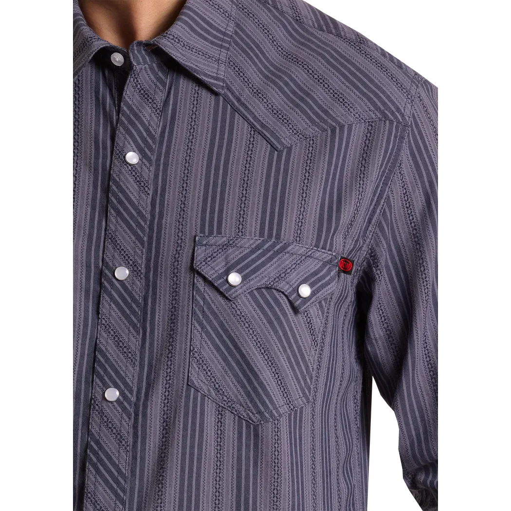 Rock & Roll Men's Koe Wetzel Dobby Striped LS Snap Shirt - Blue