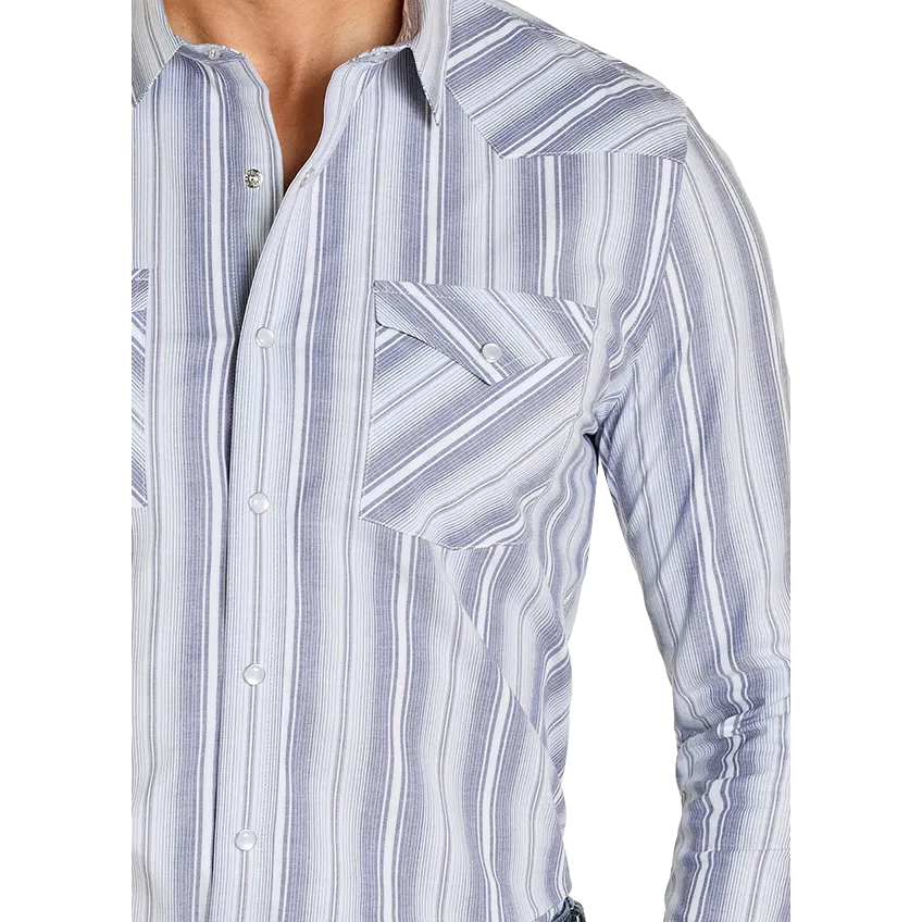 Panhandle Men's Striped Long Sleeve 2 Pocket Snap Shirt - Blue