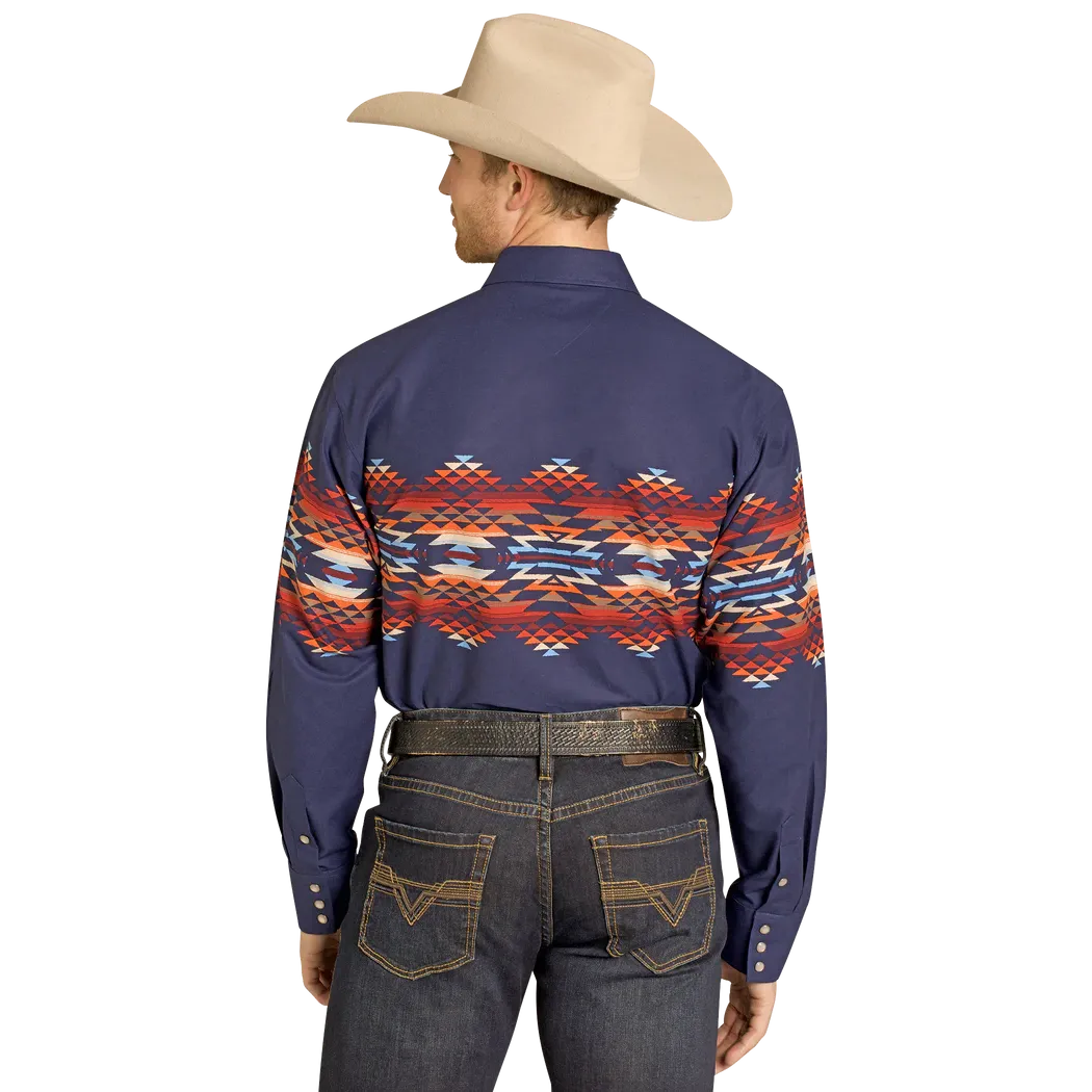 Panhandle Men's Long Sleeve Aztec Border Print Snap Shirt - Blue