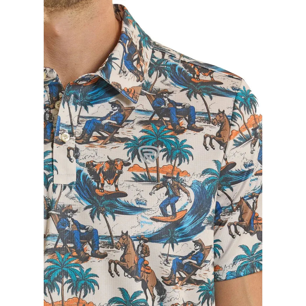 Rock & Roll Men's Surfing Cowboy Print Short Sleeve Polo Shirt - Multi Colour