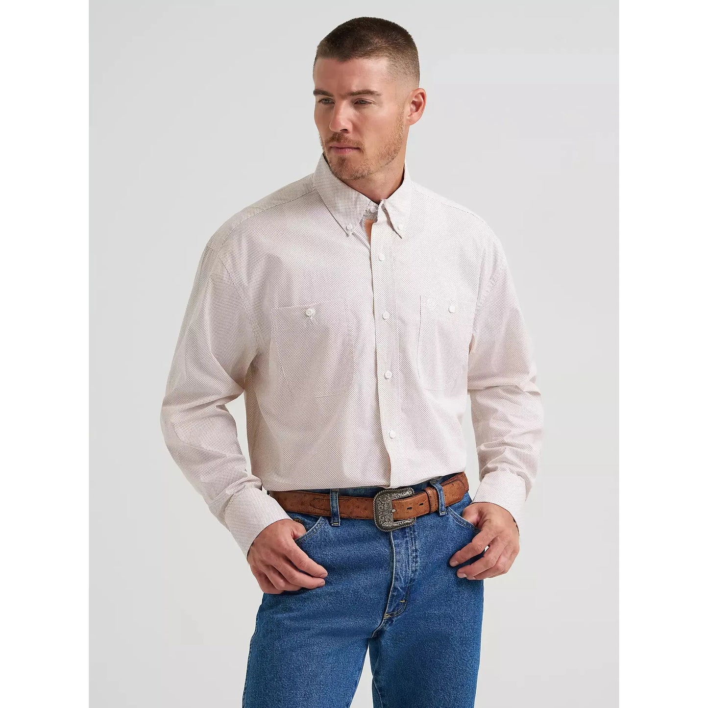 Wrangler Men's George Strait Button Down Long Sleeve 2 Pocket Shirt - Peach Print - Irvine Tack & Western Wear
