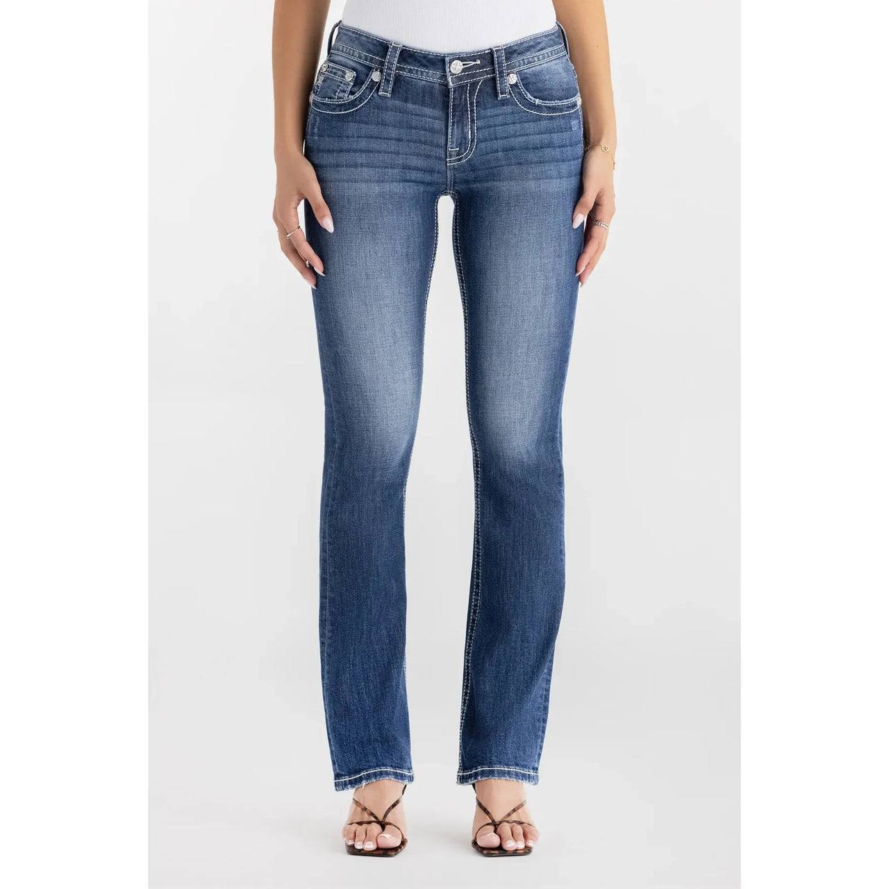 Miss Me Women's Mid Rise Crissy Skye Boot Cut Jeans- Dark Wash